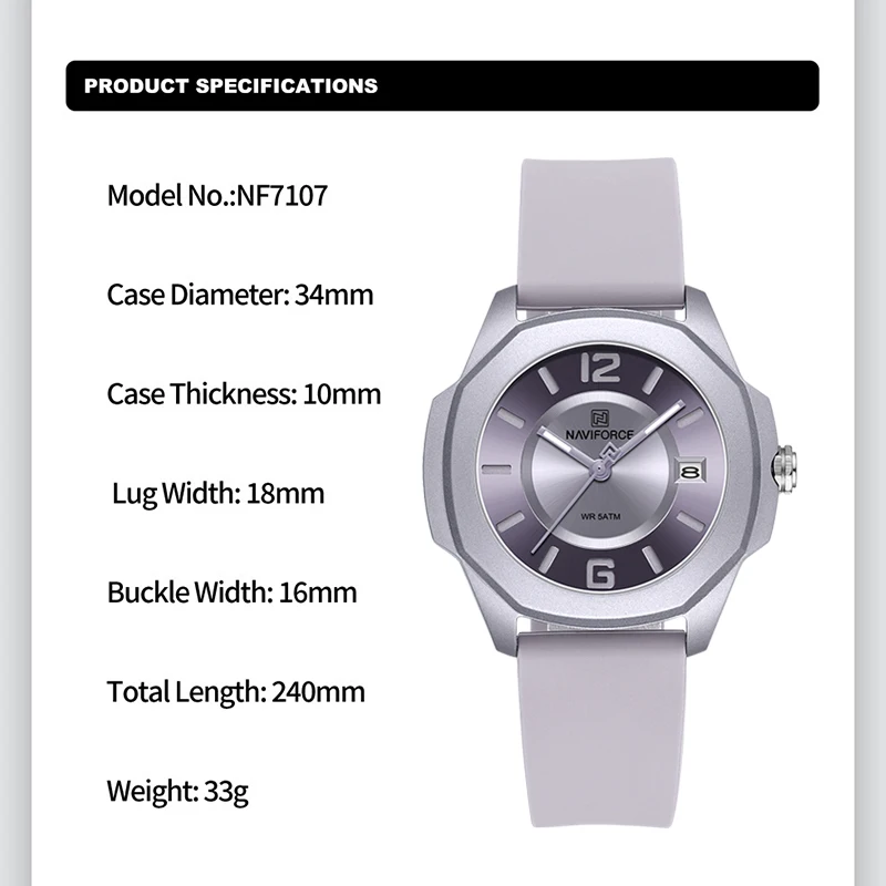 Reloj NAVIFORCE 7107 para muje - Silicone Band Women reseña y precio