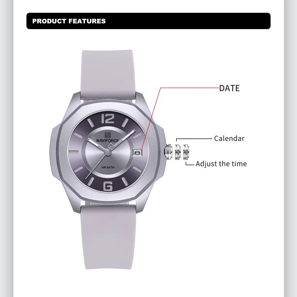 Reloj NAVIFORCE 7107 para muje - Silicone Band Women reseña y precio